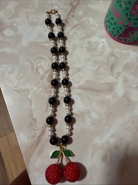 Pearl and Black Bead Necklace with Red Cherry Pendant , handmade